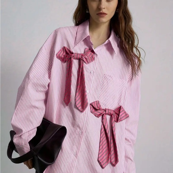 Bow Detail Oversized Striped Shirt Blouse - Picture 4 of 10